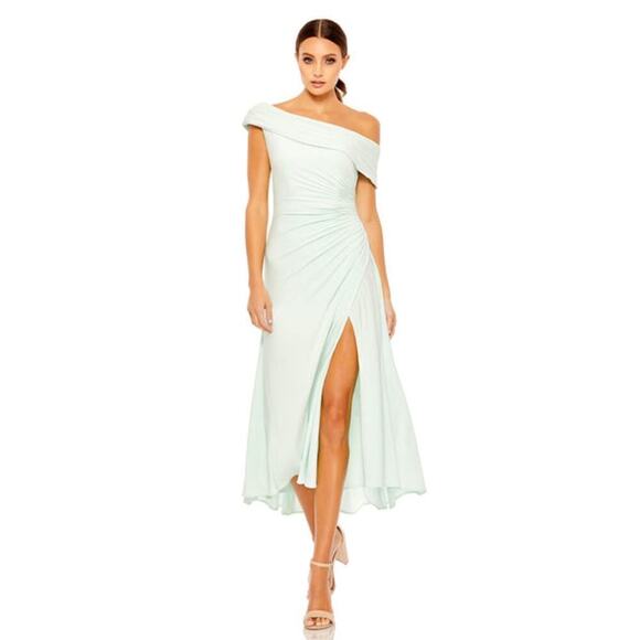 Ieena by Mac Duggal Women's Mint Ruched Off-The-Shoulder Midi Dress Size 8 NWT - Picture 1 of 11